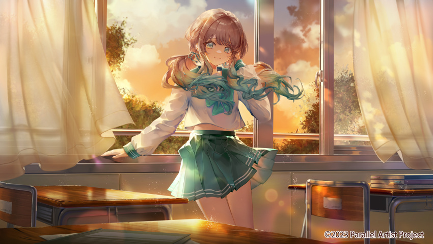1girl, blue_eyes, blue_hair, blue_sailor_collar, blue_skirt, brown_hair, brown_sky, chair