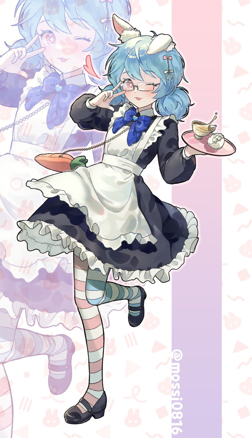 1girl, absurdres, alternate_costume, animal_ears, apron, asymmetrical_legwear, black_dress, blue_bow