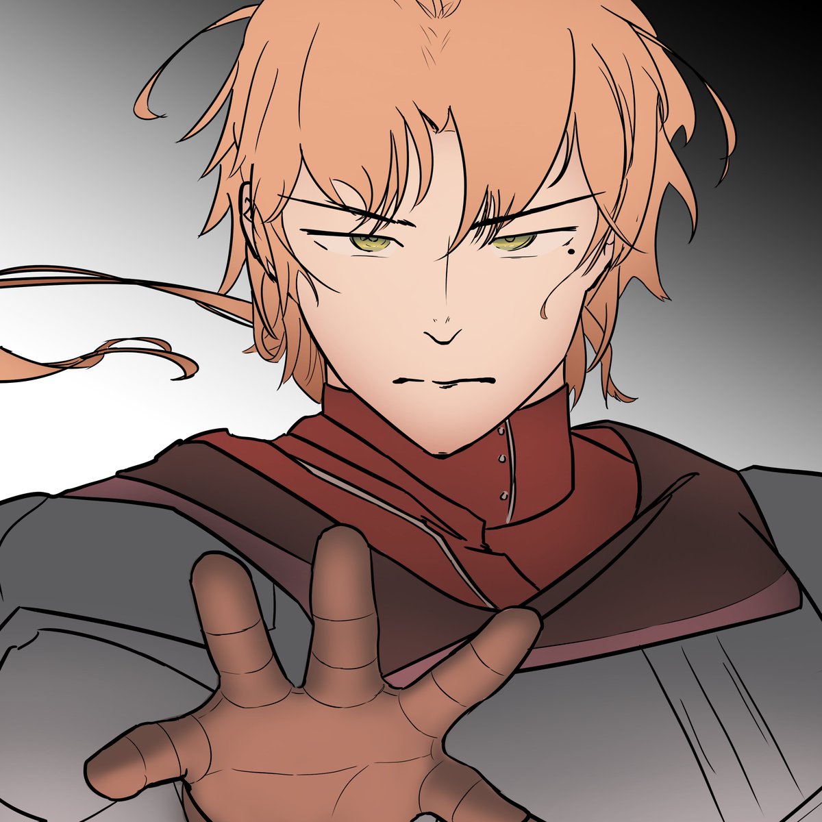 1boy, brown_gloves, brown_hair, daiki_latom, female_pov, gloves, green_eyes, highres, male_focus, mole, mole_under_eye, mushoku_tensei, outstretched_arm, pov, rudeus_greyrat, serious, solo