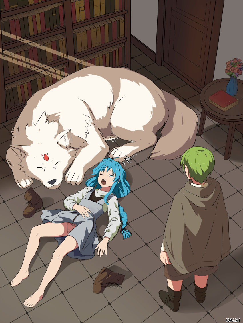 absurdres, barefoot, blue_hair, bookshelf, bow, bow_panties, braid, brother_and_sister
