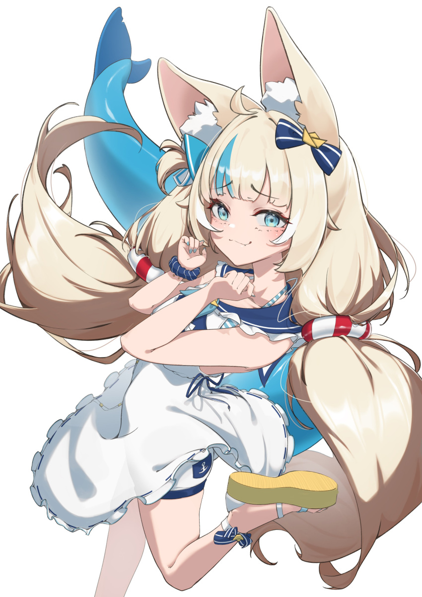 1girl, absurdres, animal_ear_fluff, animal_ears, blonde_hair, blue_hair, blue_scrunchie, cat_ears