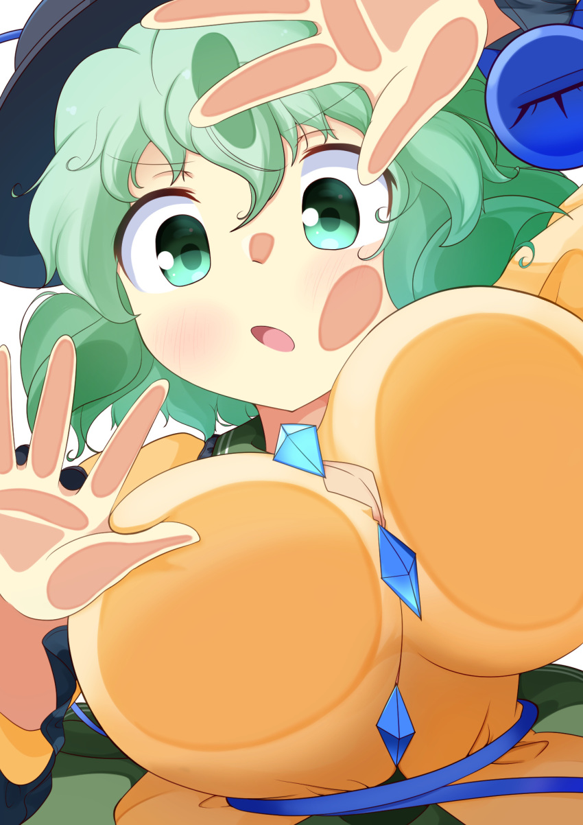 1girl, :o, against_fourth_wall, black_hat, breast_press, breasts, buttons, diamond_button