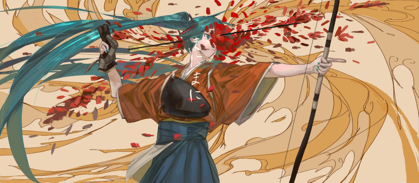 1girl, aiming, aqua_eyes, aqua_hair, archery, arrow_(projectile), blue_hakama, bow_(weapon)