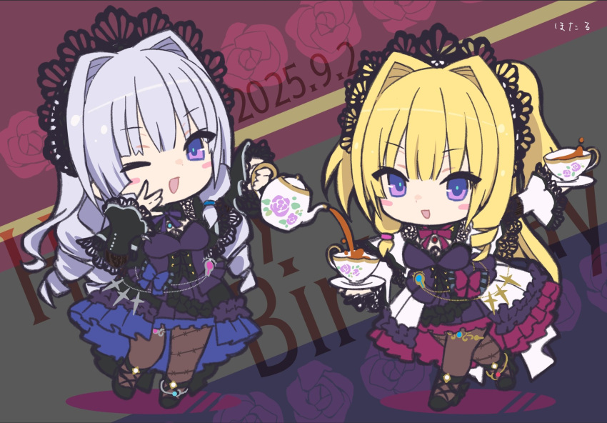 2girls, :d, ;d, anklet, assault_lily, black_hairband, black_shirt, black_shoes