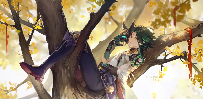 1boy, ginkgo_tree, green_hair, highres, mask, shyy0220, xiao_(genshin_impact), yellow_eyes