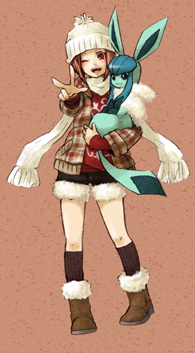 1girl, blush, boots, glaceon, hat, holding, kneehighs, lowres