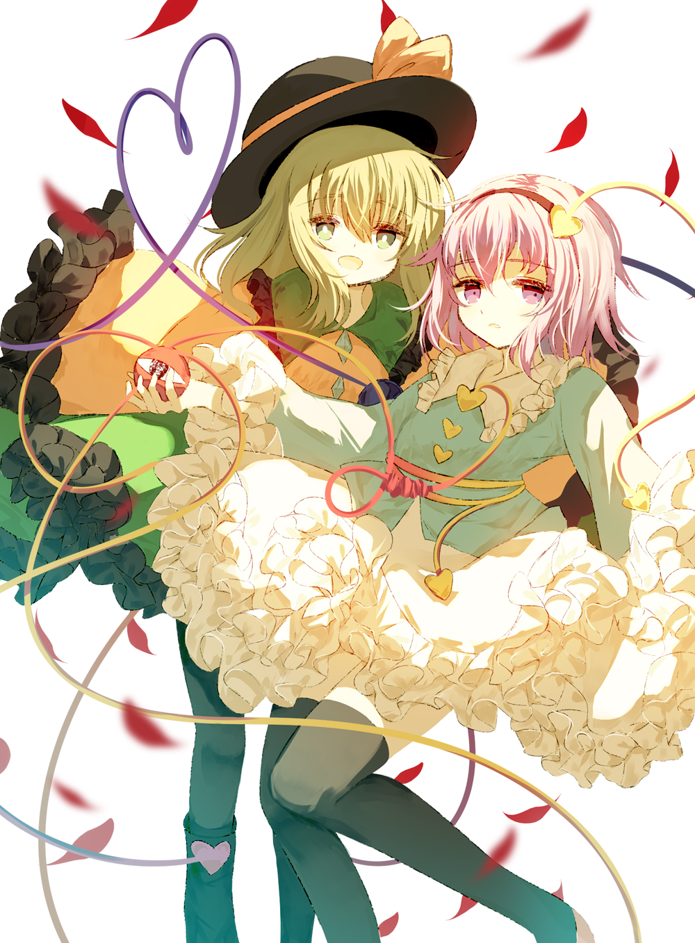 2girls, eyeball, feet_out_of_frame, happy, hat, heart, heart_of_string, highres, komeiji_koishi, komeiji_satori, multiple_girls, pink_eyes, pink_hair, sana27022934, siblings, simple_background, sisters, third_eye, touhou, white_background