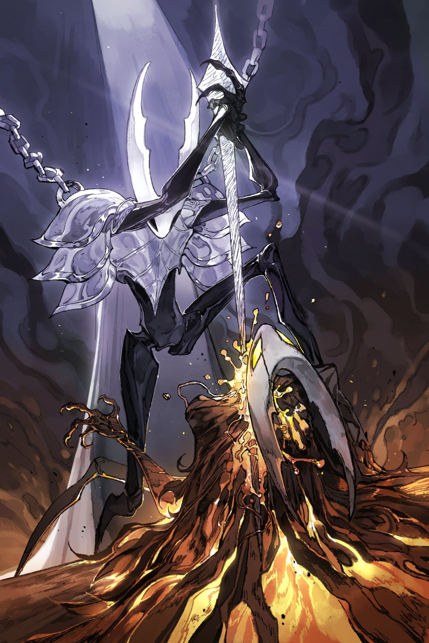 2others, absurdres, armor, black_eyes, black_skin, blood, breastplate, cape