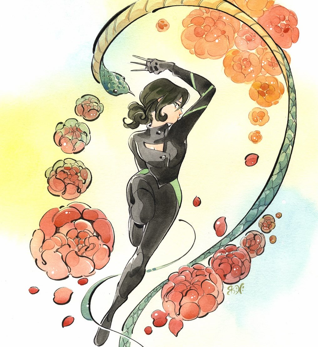 1girl, black_gloves, black_hair, bodysuit, flower, low_ponytail, needle, peach_momoko, snake, ultimate_x-men_(2024), viper_(marvel), watercolor_(medium), white_background