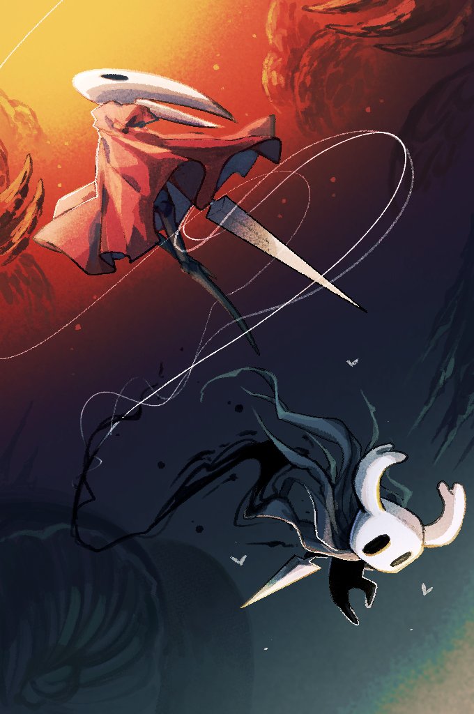 1girl, 1other, arthropod_girl, cape, cloak, grey_cloak, hollow_eyes, hollow_knight, hollow_knight:_silksong, horned_mask, hornet_(hollow_knight), knight_(hollow_knight), mask, nail_(hollow_knight), needle_(hollow_knight), ocohc, red_cloak, split_theme