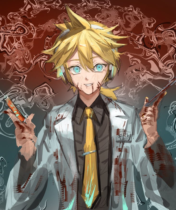 1boy, aqua_eyes, black_shirt, blonde_hair, blood, blood_on_clothes, blood_on_face, blood_on_hands, blue_eyes, coat, collared_shirt, doctor, grin, headphones, holding, holding_syringe, igaku_(utau), kagamine_len, lab_coat, looking_at_viewer, male_focus, necktie, ponytail, rminari74, scalpel, shirt, short_ponytail, sketch, smile, solo, spiky_hair, syringe, upper_body, vocaloid, white_coat, yellow_necktie