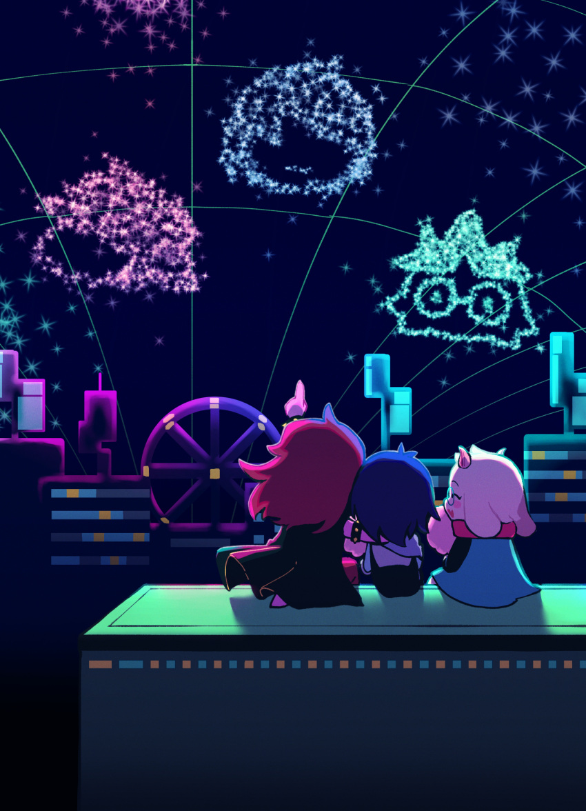 1boy, 1girl, 1other, :d, ^_^, aerial_fireworks, ahoge, antenna_hair, armlet, armor, backlighting, black_coat, black_pants, black_sky, blue_hair, building, chibi, chibi_only, closed_eyes, coat, colored_skin, commentary_request, cotton_candy, cyber_world_(deltarune), deltarune, facing_another, ferris_wheel, fireworks, food, full_body, furry, furry_male, glasses, goat_boy, green-framed_eyewear, green_robe, highres, holding, holding_cotton_candy, holding_food, horns, in-universe_location, jewelry, kris_(dark_world)_(deltarune), kris_(deltarune), long_hair, long_sleeves, medium_hair, open_mouth, outdoors, pantom, pants, pink_hair, pink_horns, pink_pants, pink_skin, pointing, pointing_up, ralsei, ralsei_(hat), robe, round_eyewear, shoulder_armor, sky, sleeveless, sleeveless_coat, smile, sparkle, spiked_armlet, susie_(dark_world)_(deltarune), susie_(deltarune), utdr_(toby_fox), white_fur