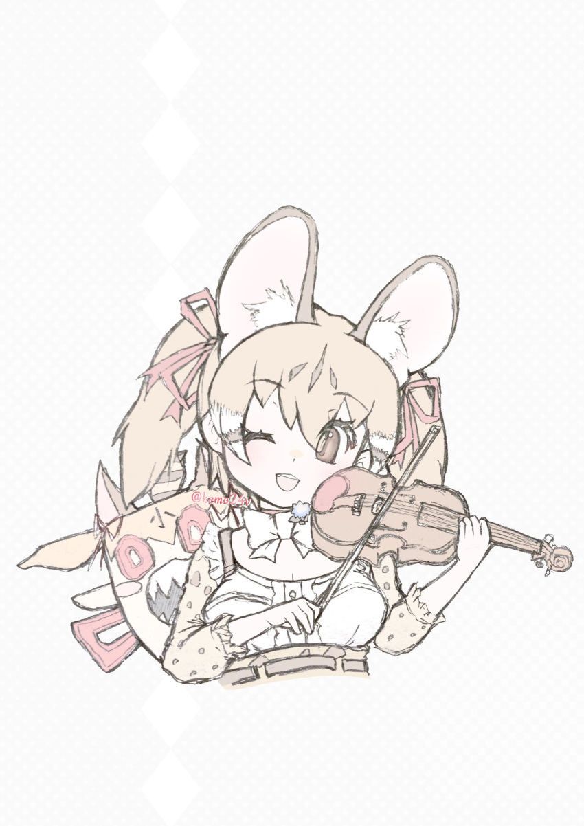 1girl, animal_ears, belt, bow, bow_(music), bowtie, brown_eyes, brown_hair