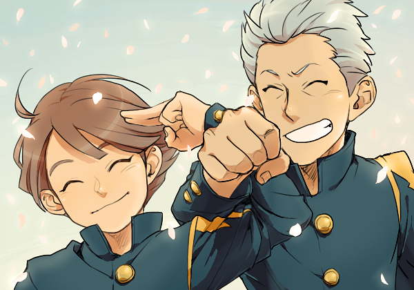 blue_hair, brown_hair, domon_asuka, grin, ichinose_kazuya, inazuma_eleven, inazuma_eleven_(series), male