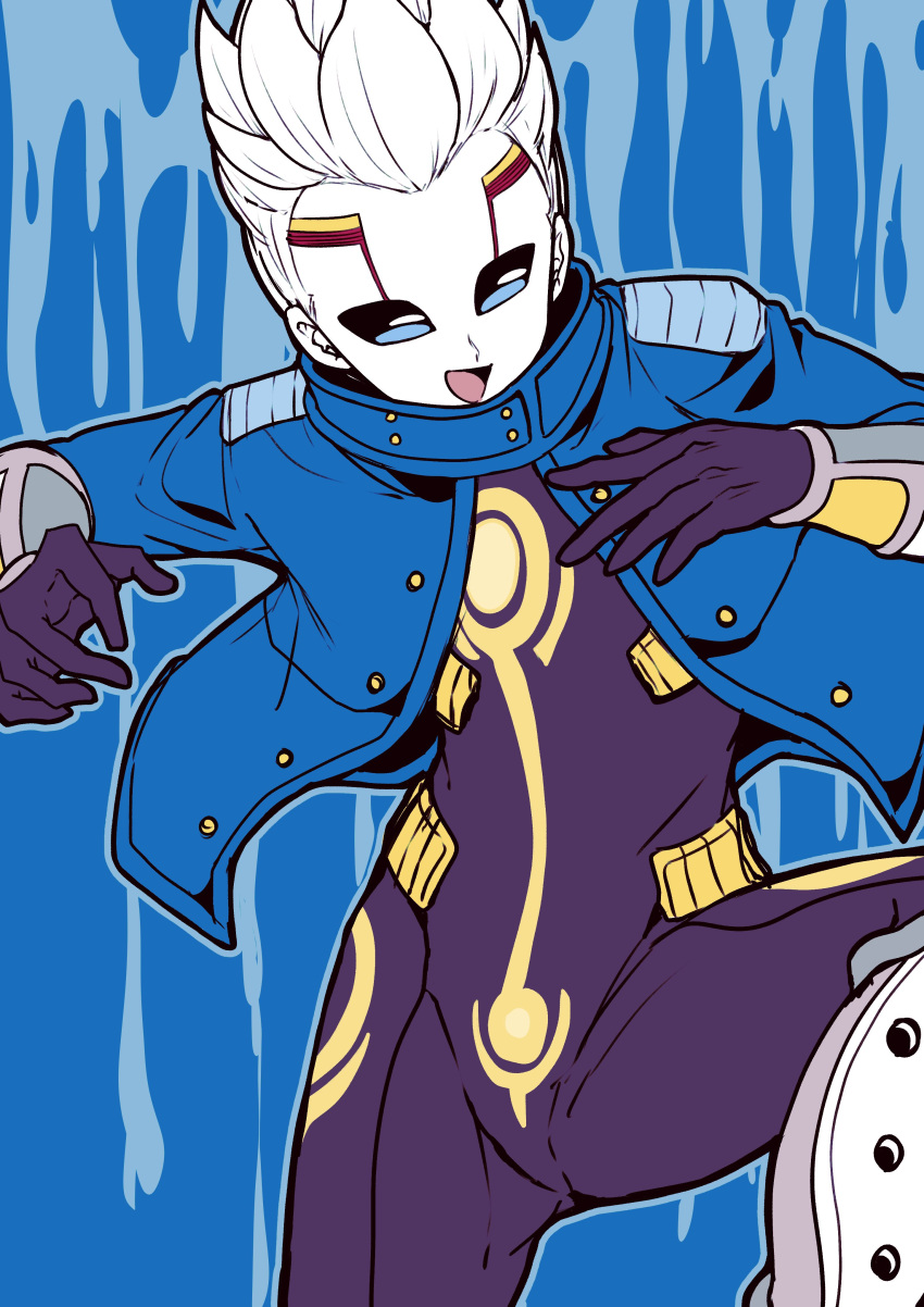 1boy, :d, absurdres, alien, arm_guards, black_bodysuit, black_gloves, blue_background, blue_jacket, bodysuit, colored_skin, commentary_request, cowboy_shot, dragon_ball, dragon_ball_heroes, facial_mark, floating_clothes, gloves, highres, jacket, male_focus, no_pupils, open_mouth, oren_(dragon_ball), otyumamii, short_hair, smile, solo, spiky_hair, white_skin, yellow_trim