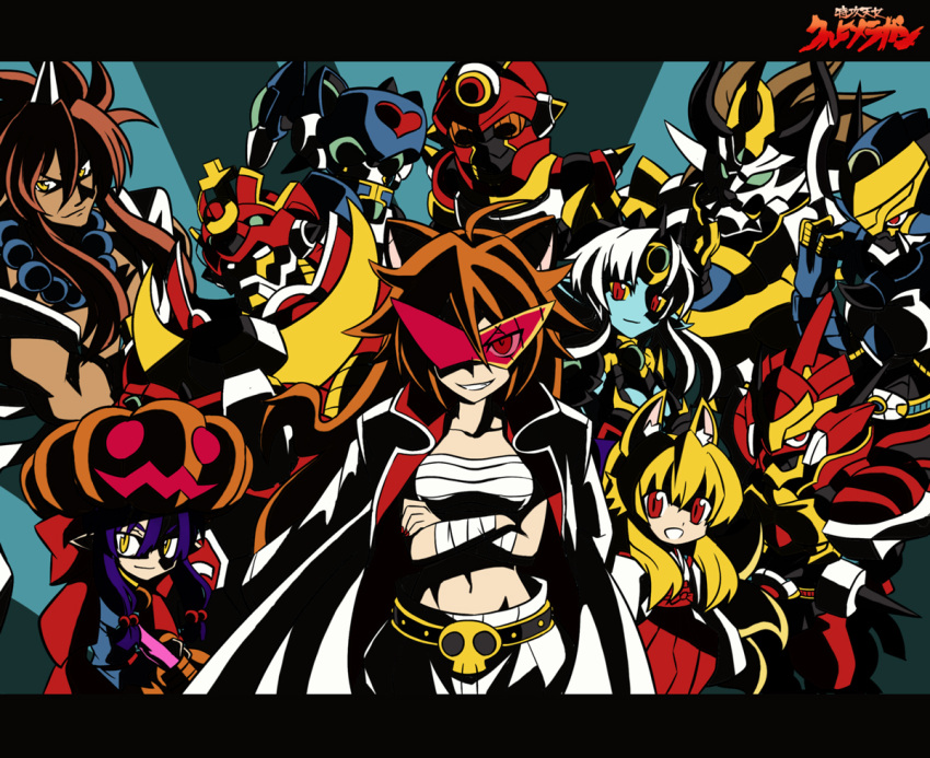 animal_ears, bandage, bandages, beads, belt, blonde_hair, character_request, coat, crossed_arms, fingernails, fox_ears, fox_tail, gaen_(shinrabanshou), gloves, grin, hair_bobbles, hair_ornament, izuna_(shinrabanshou), jack-o'-lantern, jack-o'-lantern, japanese_clothes, jewelry, kokuyoueiha_seisougetsu, letterboxed, long_hair, mahara_ryuuki, matakichirou_kuruhime, mecha, multiple_tails, nail_polish, navel, necklace, open_mouth, orange_hair, parody, pati_(shinrabanshou), pointy_ears, pulsette, pulsion_(shinrabanshou), pumpkin, red_eyes, robot, sarashi, seisougetsu, shiden_(shinrabanshou), shinrabanshou, smile, style_parody, suzushiro_(shinrabanshou), tail, tengen_toppa_gurren-lagann, tengen_toppa_gurren_lagann, tentacle_hair, usoco, yagokoro_satori, yellow_eyes