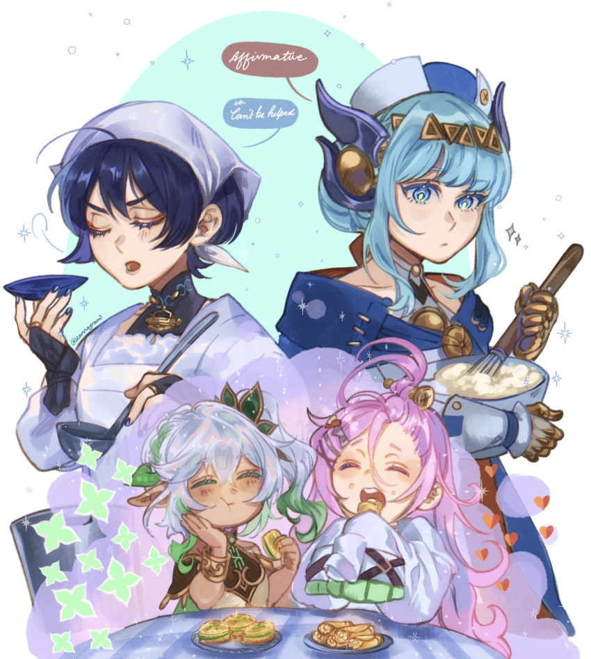 1boy, 3girls, :t, ahoge, aino_(genshin_impact), androgynous, apron, araimin