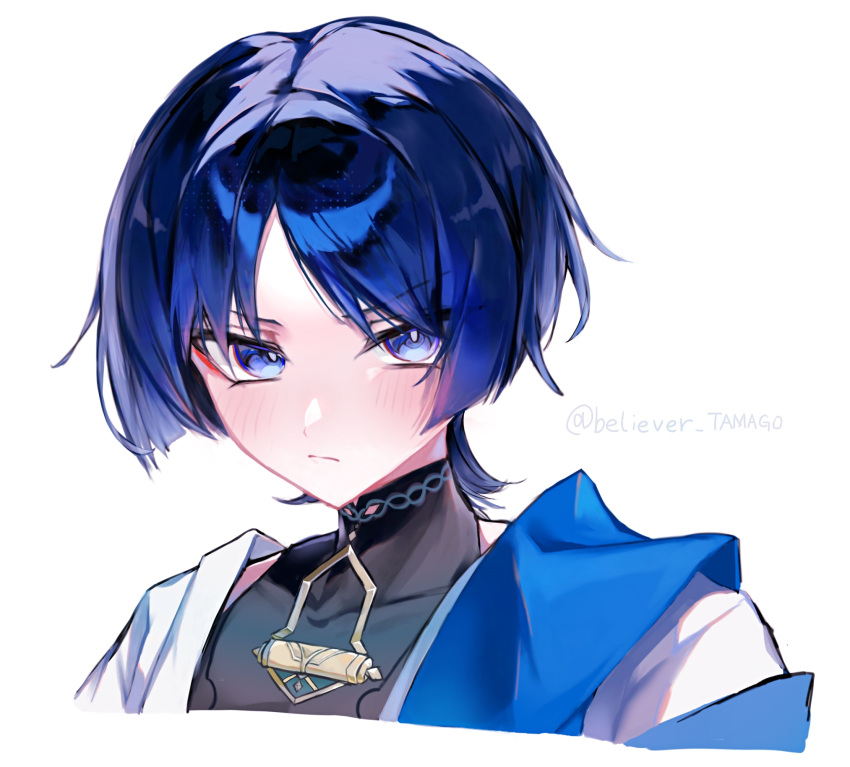 1boy, believer_tamago, black_bodysuit, blue_cape, blue_eyes, blue_hair, blunt_ends, blush