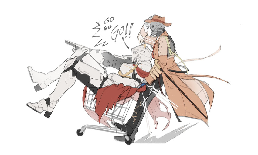 2boys, arknights, armor, brown_coat, brown_hat, cape, coat, english_commentary