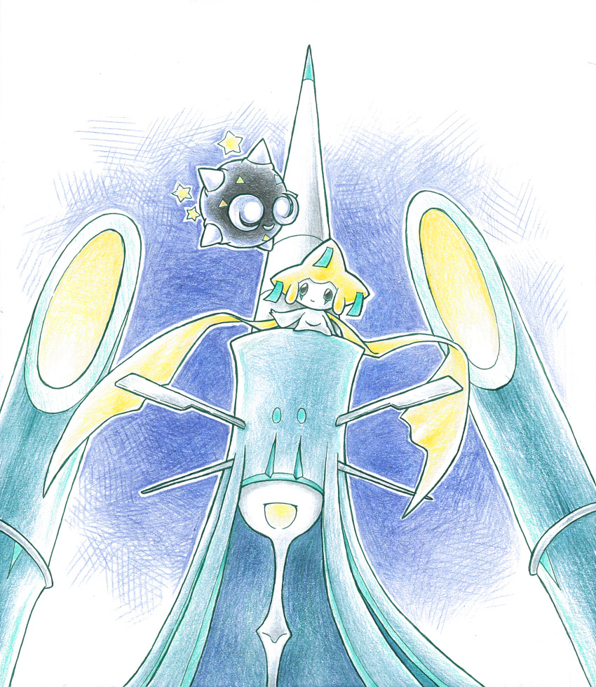 alternate_color, celesteela, closed_mouth, commentary_request, covered_eyes, floating, highres, jirachi