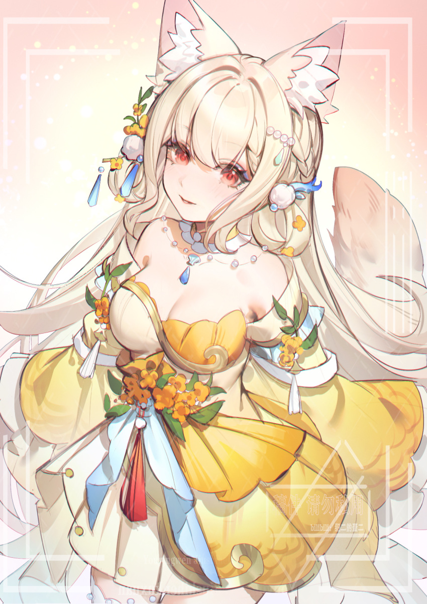 1girl, animal_ears, bare_shoulders, blonde_hair, border, breasts, character_request, cowboy_shot