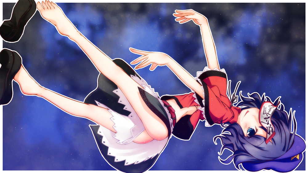 :p, ass, barefoot, beret, blue_eyes, blue_hair, blush, falling
