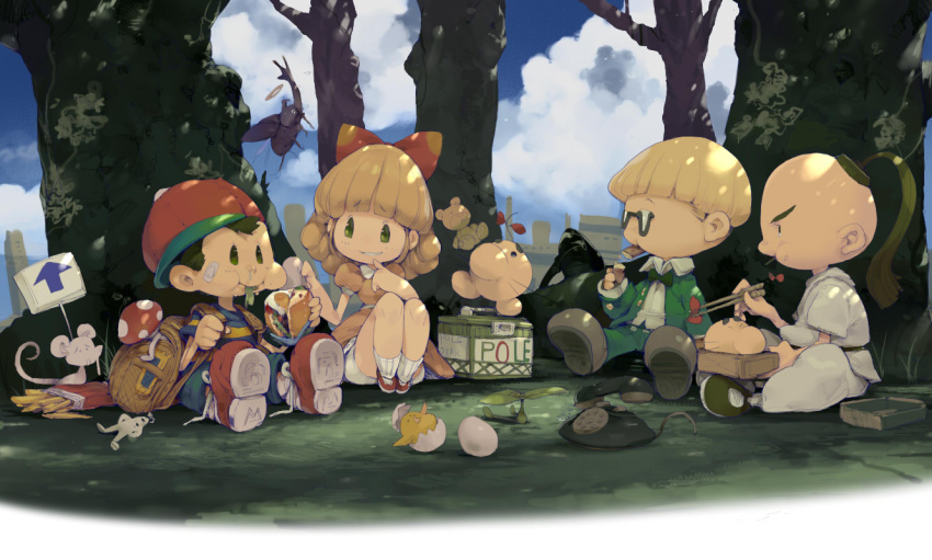 1girl, 3boys, blonde_hair, bloomers, blue_shorts, bow, bowtie, burger