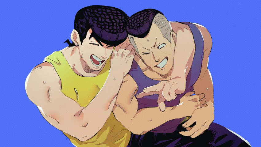 2boys, arm_around_neck, bare_shoulders, black_hair, black_pants, blue_background, closed_eyes, commentary_request