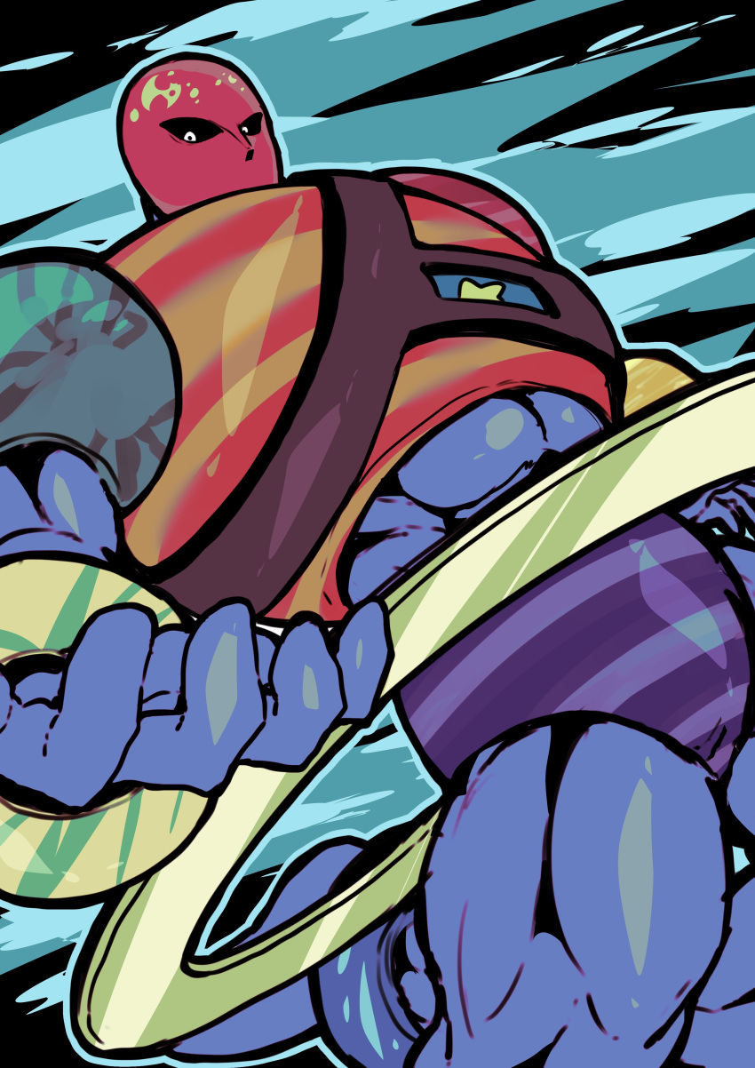 1boy, absurdres, aqua_background, armor, black_sclera, blue_skin, bracelet, colored_sclera