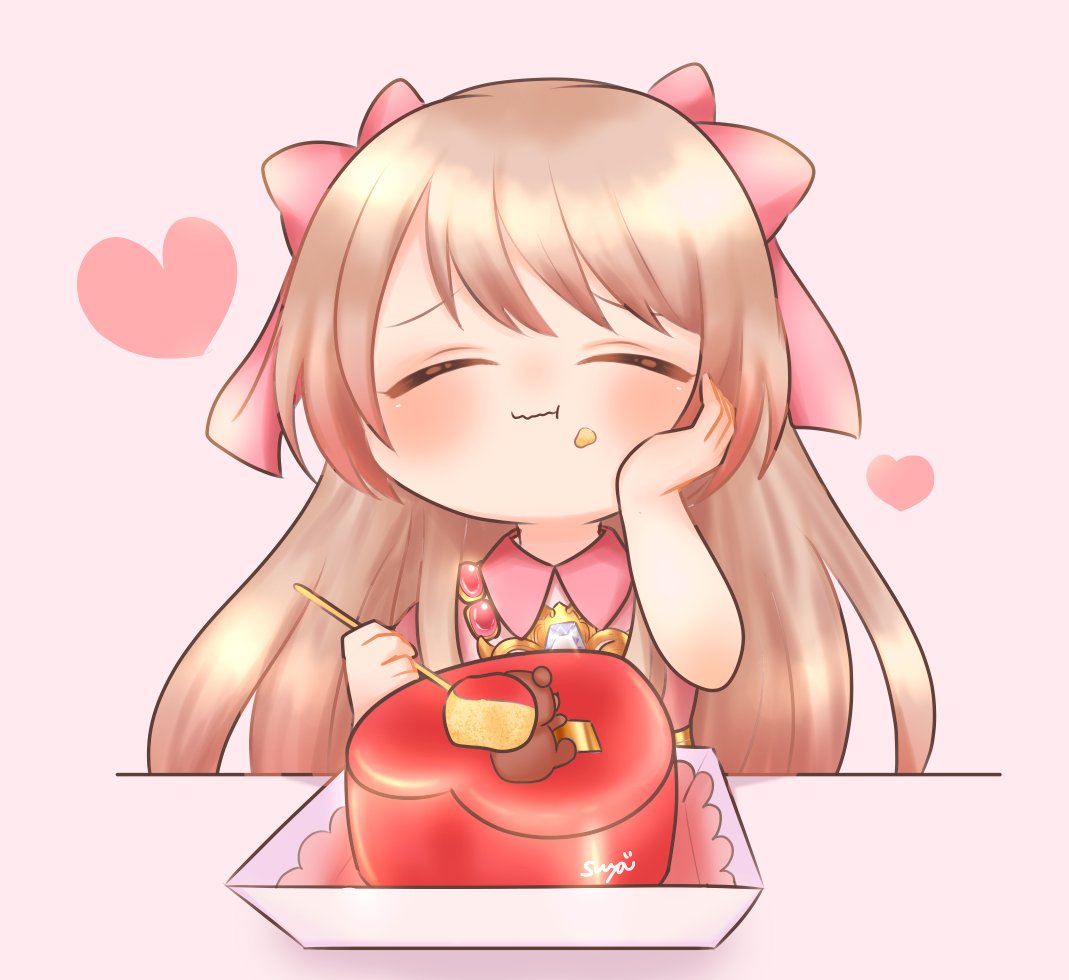 1girl, artistic_error, blush, cake, chaos_marie_(grimms_notes), chibi, chibi_only, closed_eyes