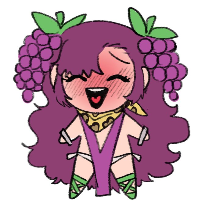 1girl, animal_print, bare_shoulders, blush, bracelet, closed_eyes, commentary, dionysus_(mythology), dress, drunk, english_commentary, food, food-themed_hair_ornament, fruit, full-face_blush, full_body, genderswap, genderswap_(mtf), grape_hair_ornament, grapes, greek_mythology, hair_ornament, halter_dress, halterneck, heart, heart_in_mouth, jewelry, leopard_print, leopard_print_scarf, long_hair, multiple_bracelets, open_mouth, original, panties, pelvic_curtain, plunging_neckline, print_scarf, purple_dress, purple_hair, revealing_clothes, scarf, simple_background, sleeveless, sleeveless_dress, smile, solo_focus, standing, teeth, underwear, upper_teeth_only, wanderjegson, white_background