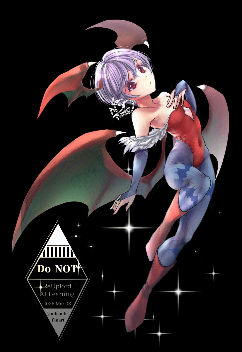 1girl, animal_print, bat_print, bat_wings, black_background, blue_bridal_gauntlets, blue_pantyhose, boots, bridal_gauntlets, cleavage_cutout, clothing_cutout, commentary_request, covered_navel, darkstalkers, flat_chest, fur_trim, hand_on_own_chest, head_wings, highleg, highleg_leotard, highres, knee_up, leotard, lilith_(darkstalkers), looking_at_viewer, low_wings, mtsnote, off-shoulder_leotard, open_mouth, pantyhose, print_pantyhose, purple_hair, red_boots, red_eyes, red_leotard, short_hair, solo, sparkle, twitter_username, watermark, wings