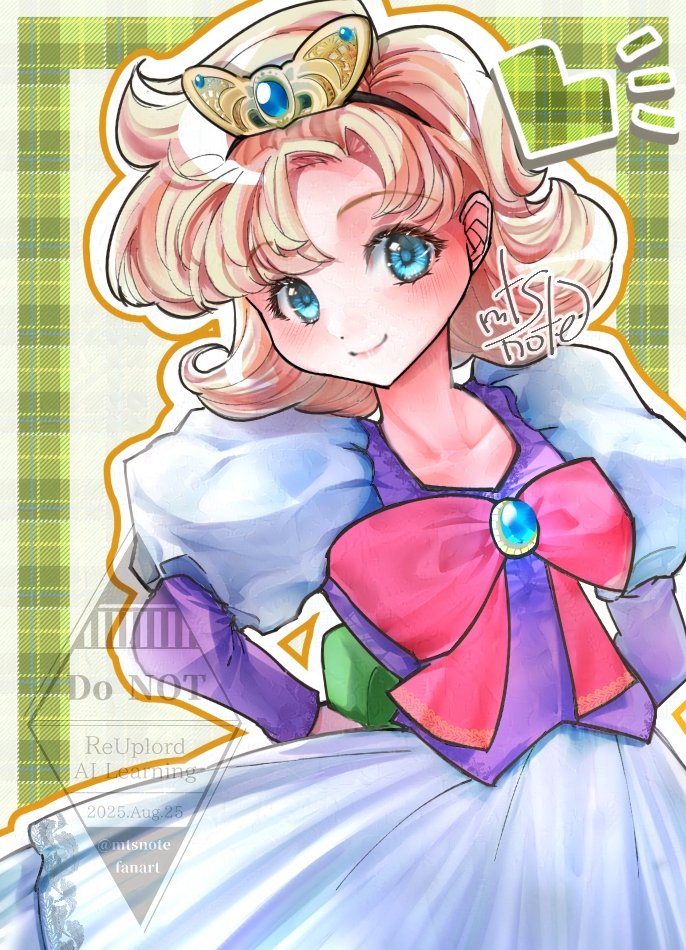 1girl, blonde_hair, blue_eyes, blue_gemstone, border, bow, commentary_request, dragon_quest, dragon_quest_ii, dress, dress_bow, frilled_dress, frills, gem, gold_tiara, green_border, heart, holding, holding_behind_back, juliet_sleeves, long_sleeves, looking_at_viewer, medium_hair, mtsnote, multicolored_dress, pink_bow, plaid_border, princess, princess_of_samantoria, puffy_sleeves, purple_dress, signature, smile, solo, tiara, watermark, white_background, white_dress