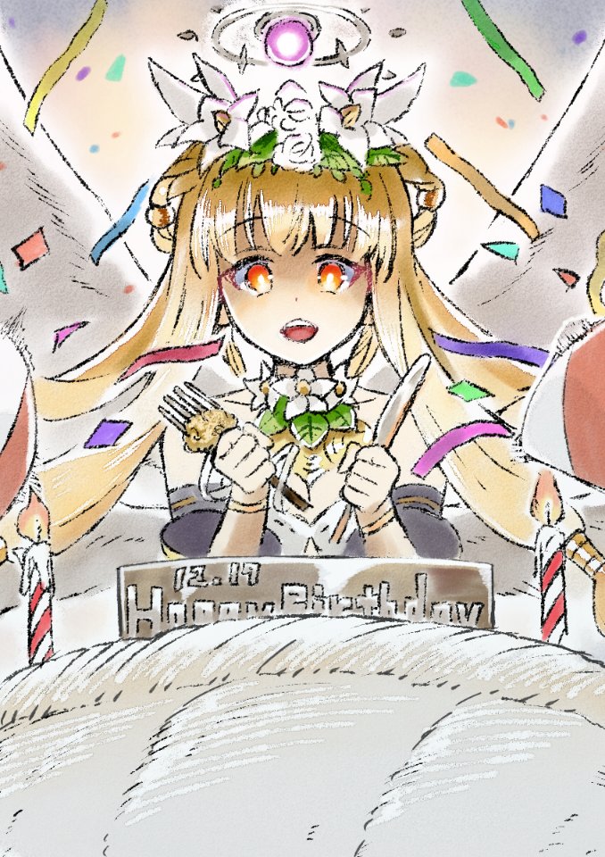 1girl, angel, bare_shoulders, birthday, blonde_hair, breasts, cake, candle