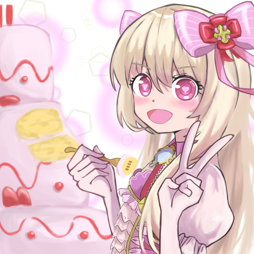 1girl, absurdres, bad_id, bad_pixiv_id, blush, cake, chaos_marie_(grimms_notes), cleavage_cutout, clothing_cutout, corset, food, fork, frilled_corset, frilled_sleeves, frills, grimms_notes, hair_between_eyes, heart, heart-shaped_pupils, highres, holding, holding_fork, looking_at_viewer, mutuki_conoka, open_mouth, pink_shirt, puffy_short_sleeves, puffy_sleeves, shirt, short_sleeves, smile, solo, symbol-shaped_pupils, upper_body, v