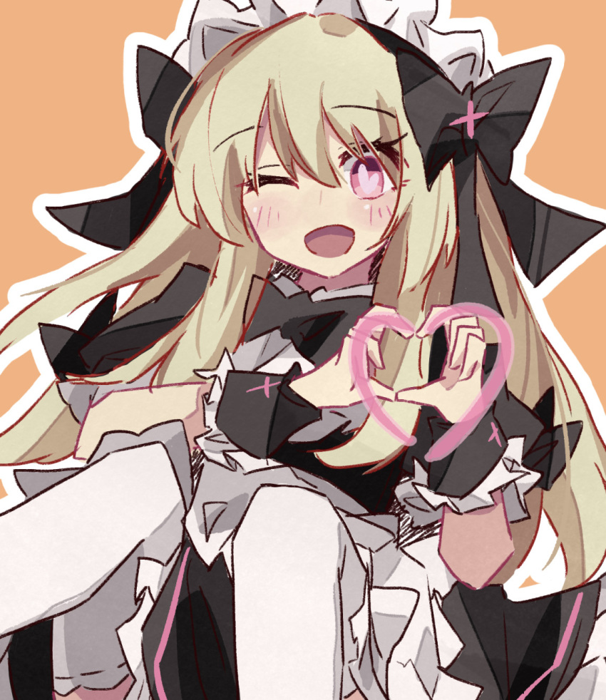 1girl, ;d, apron, black_dress, blonde_hair, brown_background, chaos_marie_(grimms_notes), dress