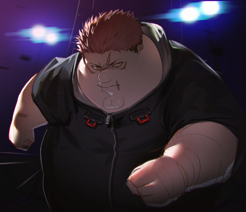 black_jacket, cleft_chin, clenched_hands, closed_mouth, commentary, cosplay, family_guy, fat