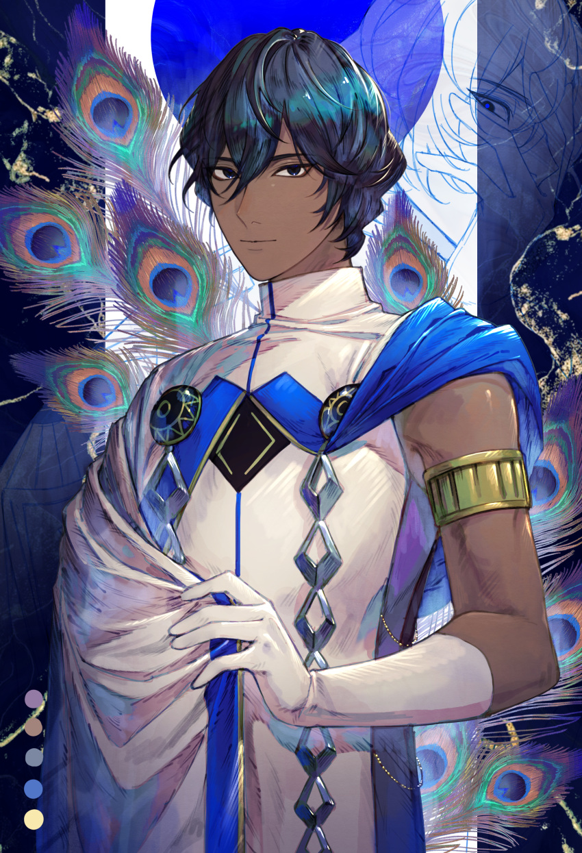 1boy, absurdres, arjuna_(fate), arjuna_(third_ascension)_(fate), armlet, black_eyes, black_hair, blue_pupils