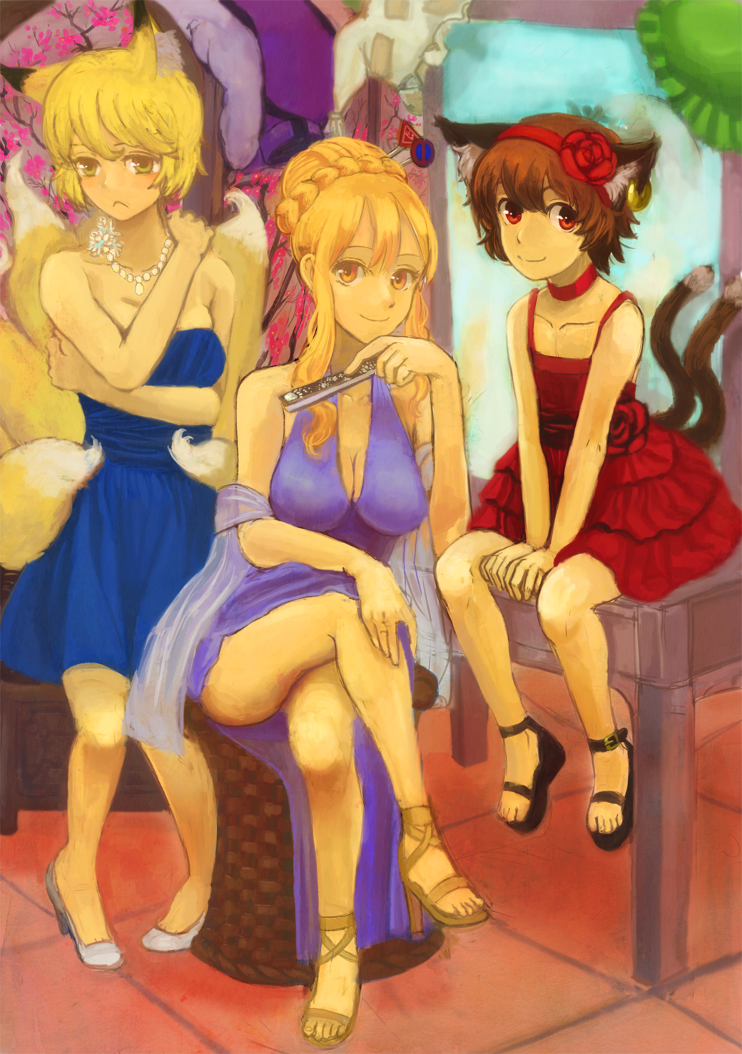 :<, animal_ears, blonde_hair, braid, breasts, brown_hair, cat_ears, cat_tail, chair, chen, choker, cleavage, closed_fan, collar, contemporary, crossed_legs, dress, evening_gown, fan, flower, folding_fan, formal, fox_ears, fox_tail, hairband, hat, hat_removed, headwear_removed, high_heels, highres, jewelry, kibougou, large_breasts, legs, legs_crossed, long_hair, multiple_girls, necklace, pigeon-toed, pigeon_toed, red_eyes, sandals, shoes, short_hair, sitting, smile, table, tail, thighs, touhou, yakumo_ran, yakumo_yukari, yellow_eyes