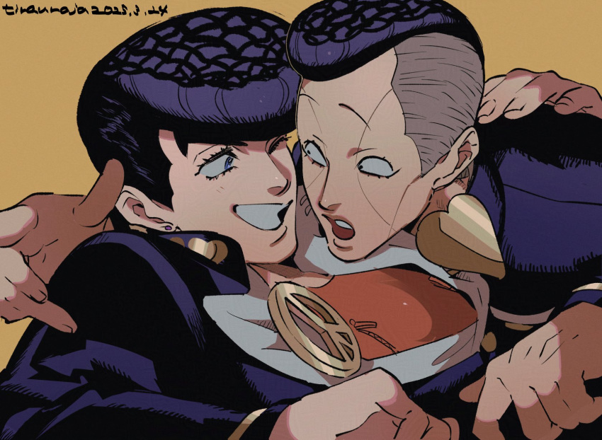 2boys, arm_up, artist_name, black_hair, black_jacket, blue_eyes, brooch, collared_jacket