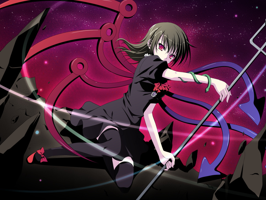 asymmetrical_wings, black_hair, black_legwear, black_thighhighs, dress, highres, houjuu_nue, narumi_yuu, narumi_yuu_(bunbukudou), polearm, red_eyes, short_hair, snake, solo, thigh-highs, thighhighs, touhou, trident, wallpaper, weapon, wings, zettai_ryouiki