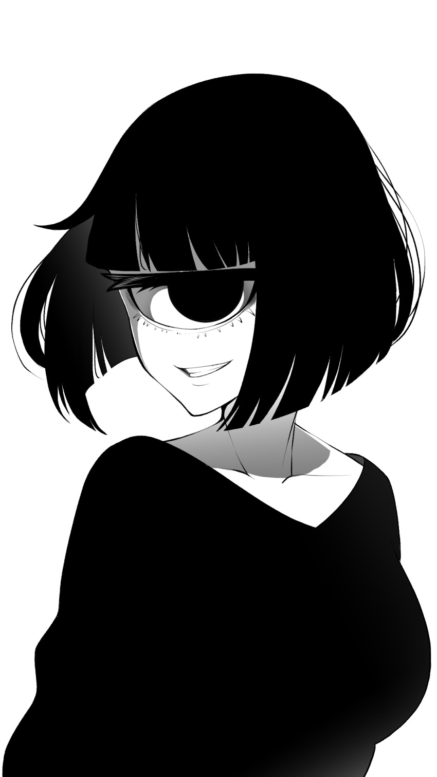 1girl, blunt_bangs, breasts, cyclops, greyscale, highres, looking_at_viewer, medium_breasts