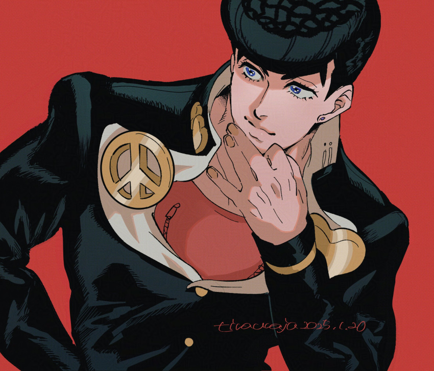 1boy, arm_up, artist_name, black_hair, black_jacket, blue_eyes, brooch, buttons