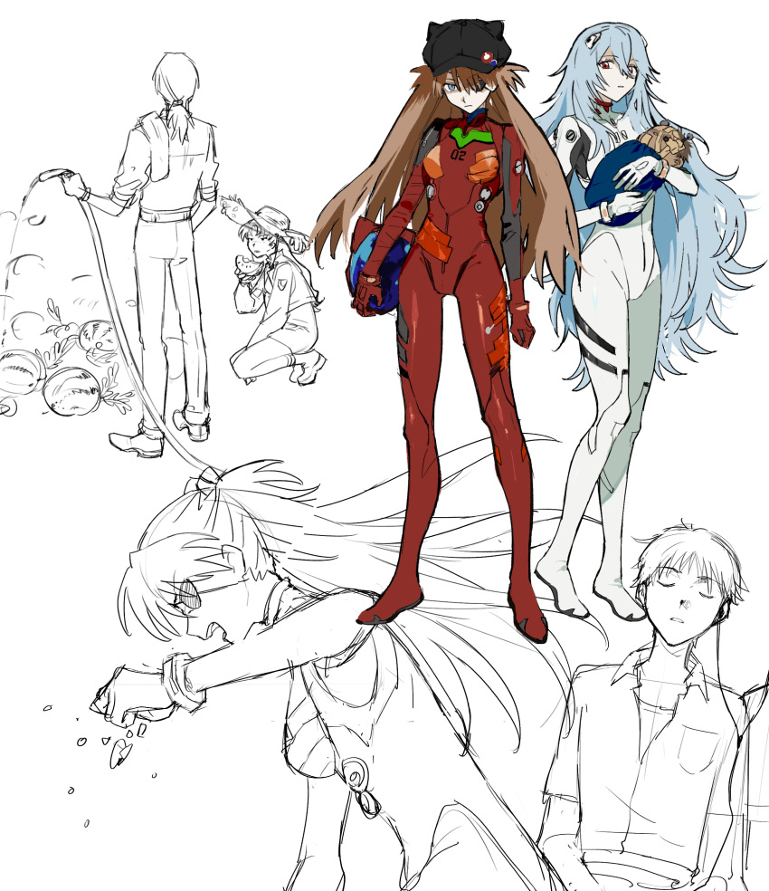 absurdres, animal_ear_headwear, ayanami_rei, black_hat, blue_eyes, blue_hair, bodysuit, brown_hair