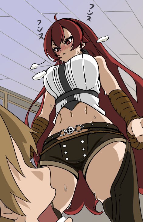 1boy, 1girl, ahoge, awaw7210, blush, brown_hair, eris_greyrat, excited, from_below, heavy_breathing, husband_and_wife, long_hair, mushoku_tensei, navel, red_eyes, red_hair, rudeus_greyrat, sweat