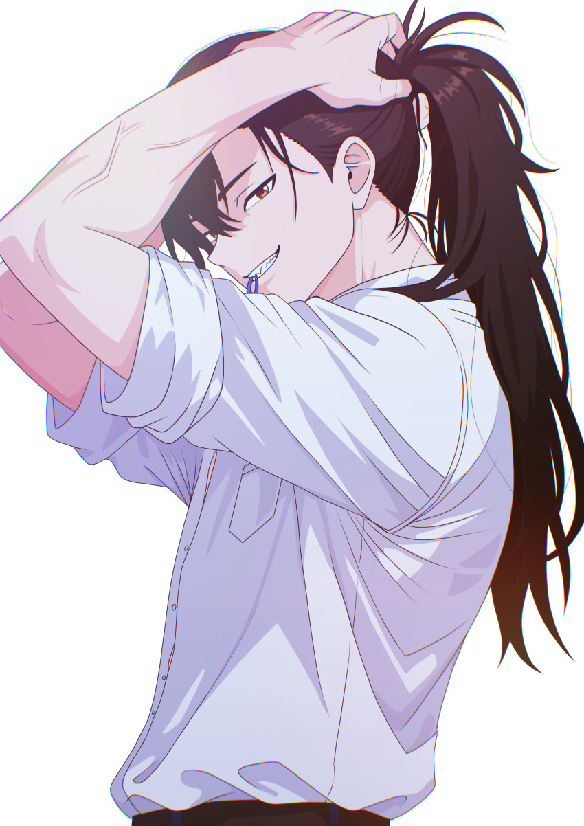 1boy, absurdres, adjusting_hair, brown_eyes, character_request, hair_tie_in_mouth, highres, male_focus, mouth_hold, odiseo, pocket, sharp_teeth, shirt, simple_background, solo, teeth, white_background, white_shirt