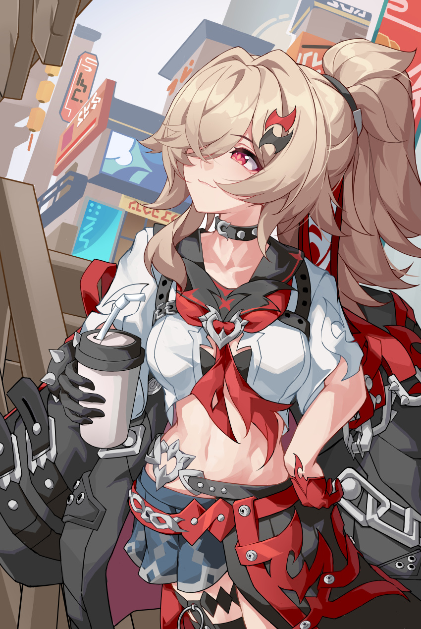 1girl, absurdres, belt, black_choker, black_collar, black_gloves, breasts, brown_hair