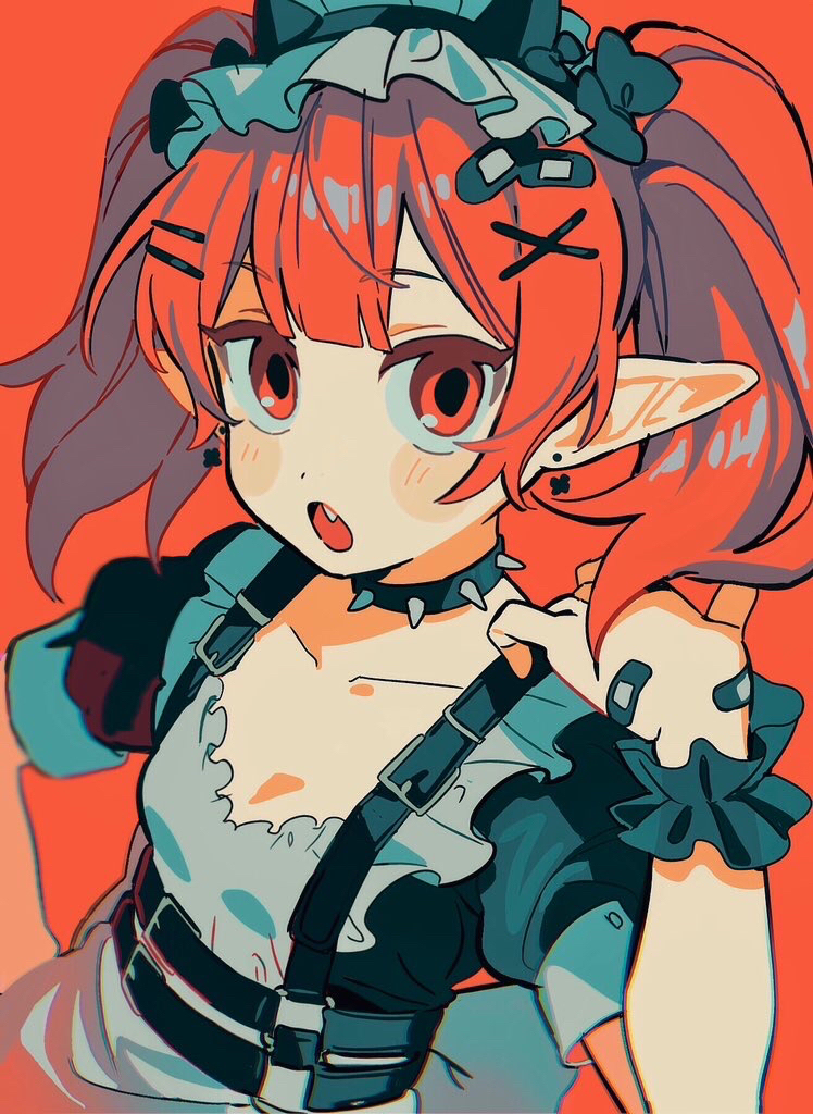 1girl, apron, bandaid, bandaid_hair_ornament, bandaid_on_hand, black_choker, black_shirt, breasts, choker, double-parted_bangs, earrings, fang, floating_earrings, hair_ornament, hairpin, hand_on_own_hip, hand_up, jewelry, looking_at_viewer, open_mouth, original, palmar_flexion, puffy_short_sleeves, puffy_sleeves, red_background, red_eyes, red_hair, shirt, short_sleeves, small_breasts, solo, spiked_choker, spikes, twintails, umipi, white_apron, x_hair_ornament
