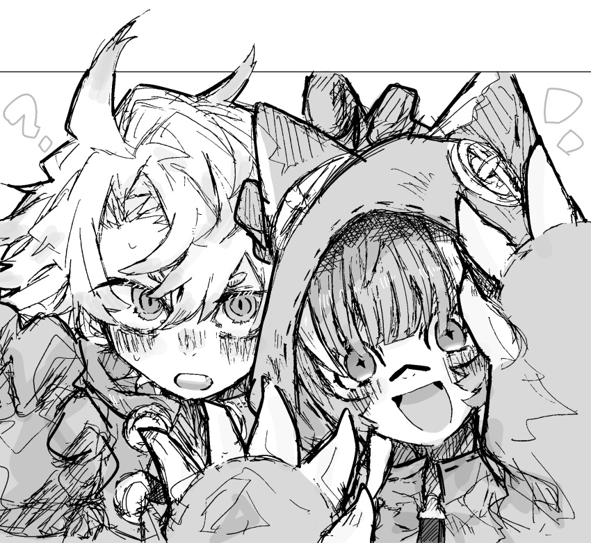 1boy, 1girl, ?, ahoge, blush, claws, cosplay, gachiakuta