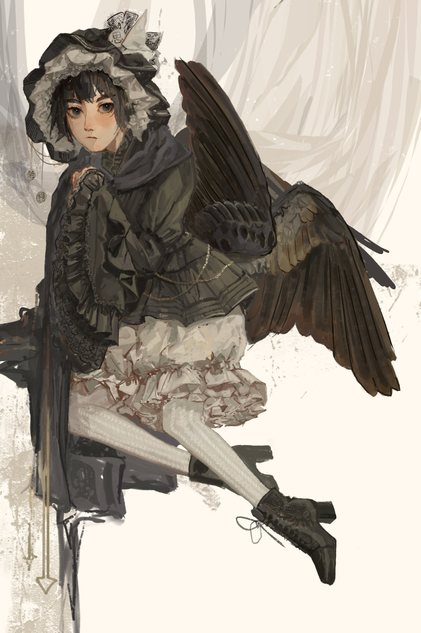 1other, adapted_costume, androgynous, bird_wings, black_boots, black_hair, black_hat, black_shirt